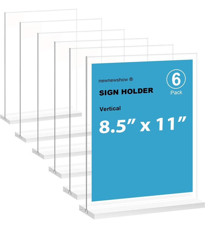 newnewshow Acrylic Sign Holder 8.5x11 Inch 6 Pack Vertical T Shape Double-Sided Desktop Display Holder - Image 1